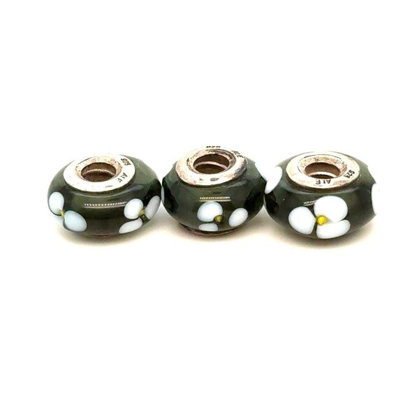 3 Pandora White Flower Murano Glass Charms